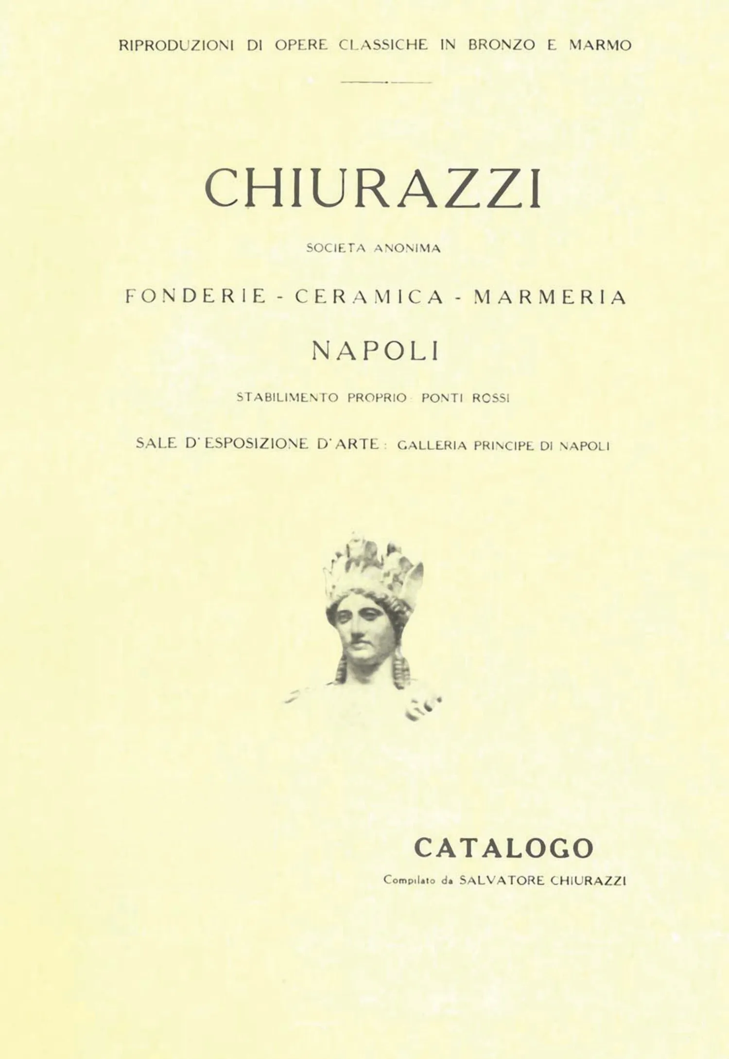 Copertina del catalogo Chiurazzi: «Chiurazzi, Società Anonima, Fonderie – Ceramica – Marmeria, Napoli».
