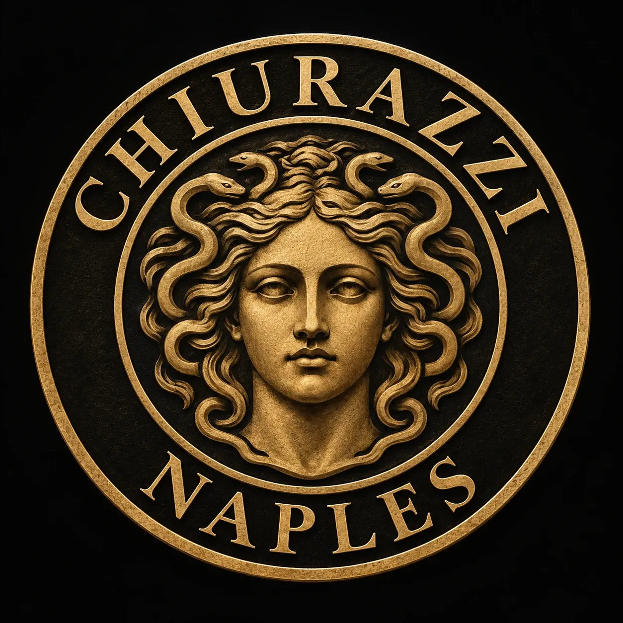 Emblema della Medusa in rilievo bronzeo, circondato dalla scritta CHIURAZZI NAPLES